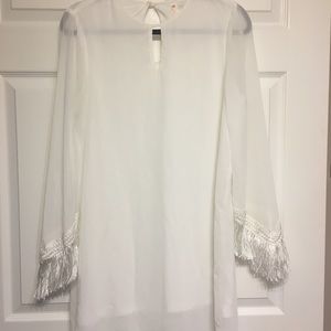 Entro white shift dress with tassel sleeves